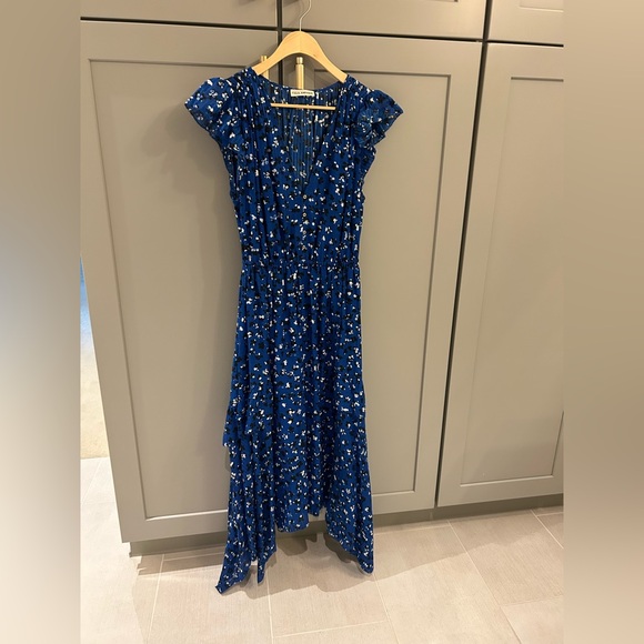 💙 Ulla Johnson Blue Floral Cotton-Silk Blend High Low Dress - Picture 4 of 7